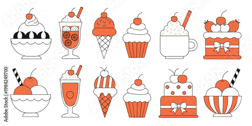 Collection of various sweet desserts cakes sundaes and ice cream cones in line art with whipped cream illustration collection delicious beverage strawberry isolated creative breakfast