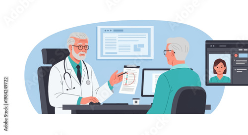 Senior male physician with stethoscope showing medical test results on a clipboard to an elderly male patient in a modern clinic office with digital telemedicine screen.