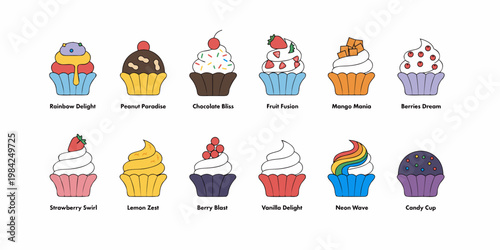 Collection of various flavored cupcakes with toppings and names frosting strawberry chocolate collection illustration colorful delicious birthday celebration creative confectionery