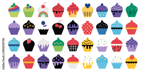 Large set of various colorful cupcakes with assorted toppings frosting strawberry chocolate collection illustration colorful delicious birthday celebration creative patterns sprinkles