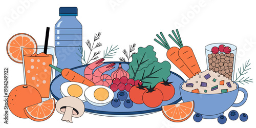 Healthy balanced breakfast and lunch meal set with vegetables seafood and drinks breakfast tomatoes mushrooms nutrition balanced vegetarian culinary proteins vitamins lifestyle restaurant