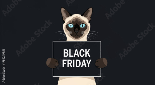 Vector illustration of a Siamese cat with blue eyes and dark points holding a rectangular black sign that reads BLACK FRIDAY in white bold capital letters on a dark background.