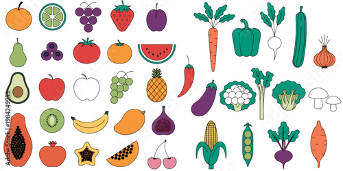 Set of various fresh fruits and vegetables flat vector icons with vegetable nutrition vegetarian agriculture ingredient selection assorted illustration colorful wholesome collection