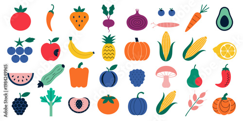Collection of colorful flat style fruit and vegetable icons with vegetable nutrition vegetarian ingredient agriculture wellness lifestyle colorful collection wholesome assorted foodstuff