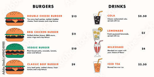 Fast food menu with burgers and drinks illustration restaurant lemonade milkshake illustration ordering selection delicious refreshment template business commerce