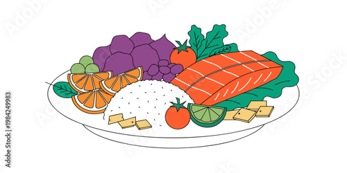 Nutritious salmon bowl concept with rice fresh fruit and vegetables nutrition balanced ingredients restaurant culinary freshness delicious vegetarian illustration