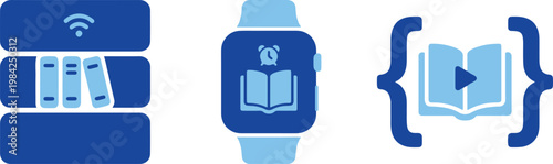 Smartwatch, ebook, coding, mobile app icons, blue vector graphics