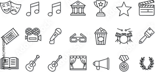 Colorful set of flat design vector icons representing entertainment, hobbies, and leisure activities. Ideal for apps, websites, marketing materials, and educational content.
