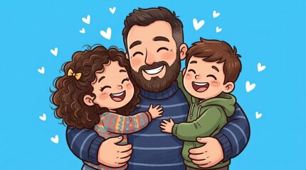 Happy Father's Day cartoon father with kids hugging
