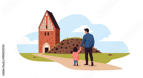 Flat vector illustration of a father holding his young daughter's hand while walking on a path toward a historic red brick church building under a blue sky with clouds.