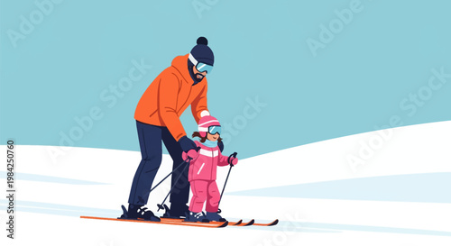 Vector illustration of a father in an orange jacket teaching his young daughter in a pink snowsuit how to ski on a snowy mountain slope under a clear blue winter sky.