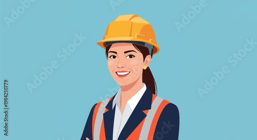 Flat vector illustration of a smiling female engineer or architect wearing a yellow hard hat, orange safety vest, and professional blue blazer against a solid blue background.