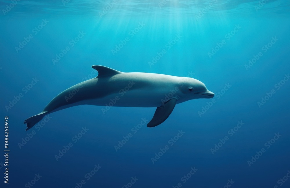 Fototapeta premium Single Bottlenose Dolphin Swimming in Deep Blue Ocean. A solitary bottlenose dolphin glides through clear deep blue ocean water with.