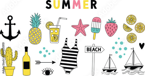 Summer Beach Icon Set with Pineapple, Swimsuit, Anchor, Ice Cream, Cactus, and Tropical Elements for Holiday and Season Designs