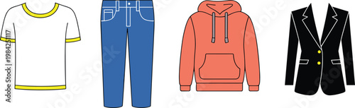 Clothing icons set with t shirt jeans hoodie and blazer, casual and formal apparel collection minimalist vector illustration design