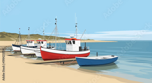 Vector illustration featuring traditional Danish fishing boats with red and white hulls parked on wooden slipways on a sandy beach at Lokken, Denmark, with a blue rowboat and dunes.