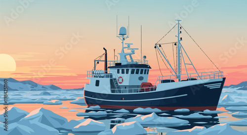 Vector illustration of a commercial fishing vessel navigating through floating ice floes in an Arctic or Norwegian sea during a sunset with warm golden light and a clear sky.
