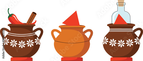 Traditional Clay Pot Set with Spices, Chili Pepper, and Ingredients for Cultural Food and Ethnic Kitchen Design Projects