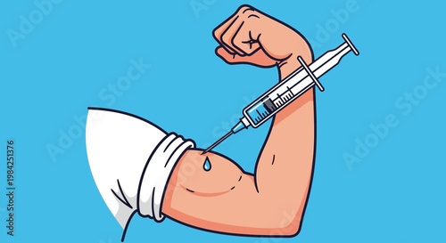 Medical injection, vaccination, healthcare concept, arm with syringe, flu shot