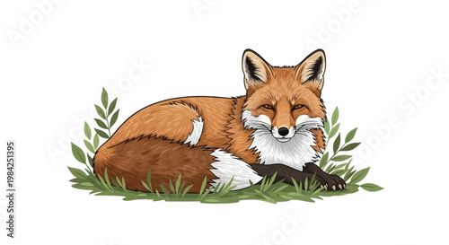 Vector illustration of a red fox lying down on green grass and leaves, isolated on a white background. Detailed fur texture, white-tipped tail, black paws, and alert pointed ears.