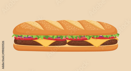 Vector illustration of a long baguette burger sandwich with two beef patties, melted cheese slices, fresh tomatoes, red onion, and green lettuce on a crusty sesame seed french bun.