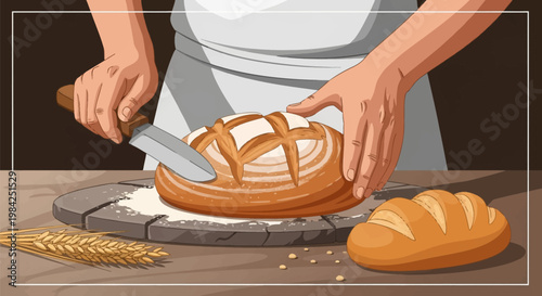 Vector illustration of a baker's hands slicing a round artisan sourdough loaf with a knife on a flour-dusted stone board next to wheat stalks and a small baton loaf.