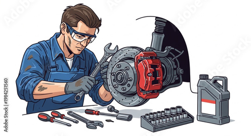Mechanic working on car brake system with tools and oil.
