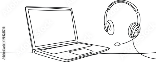 Laptop and headset illustration, online communication workspace concept, remote work setup, customer support technology, minimalist line art, digital communication, modern office