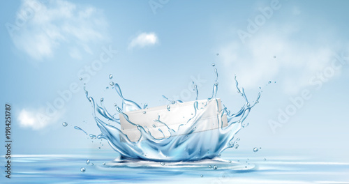 White podium with dynamic water splash effect on minimal blue sky background - premium 3d product platform for summer cosmetic display. Fresh aqua crown with elegant beauty stand on wet surface.