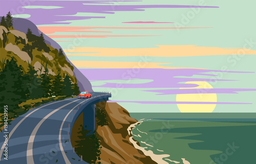 Sunset mountain road trip vacation by car, coast sea, ocean, palms, resort tropical landscape