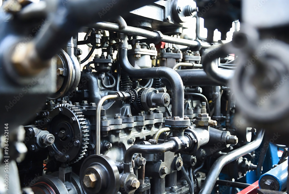 Fototapeta premium A heavily detailed engine, likely from a large vehicle, with numerous belts and pulleys. It appears to be in a workshop or garage setting.