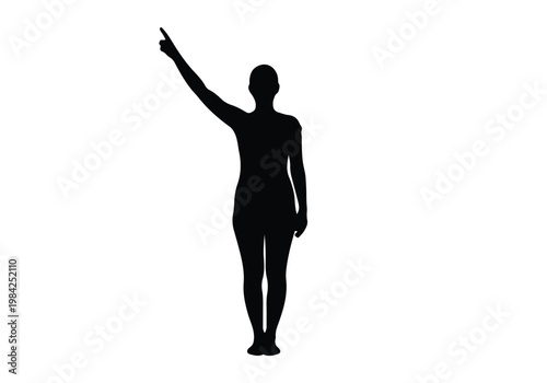 Single black silhouette of a woman standing and pointing her finger upwards in isolation