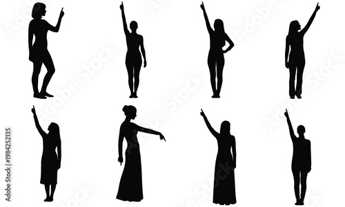 Collection of female silhouettes pointing upwards and downwards in various poses on white background