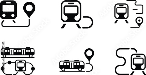 Public transport icons set with train tram and location pins, route navigation symbols, urban transit system minimalist vector illustration