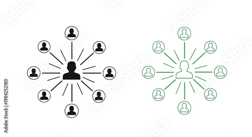 Two network diagrams depicting centralized and decentralized connections