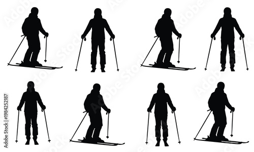 Collection of black silhouettes showing various skiing poses and positions on white background