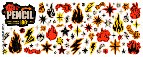 Fire, flame, star, lightning hand drawn collage icon. Doodle scrapbook sticker. Vector brush crayon fire flame star bolt. Cutout grunge grafitti icon. Sketch vintage paper set. Tattoo Punk Rock hot bg