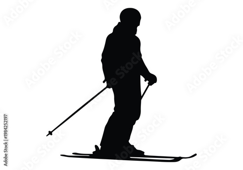 Black silhouette of a professional skier standing on skis with poles isolated on white background