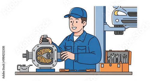 Mechanic working on car differential in workshop.
