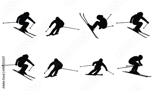 Set of black silhouettes showing various skiing poses and winter sports action movements.