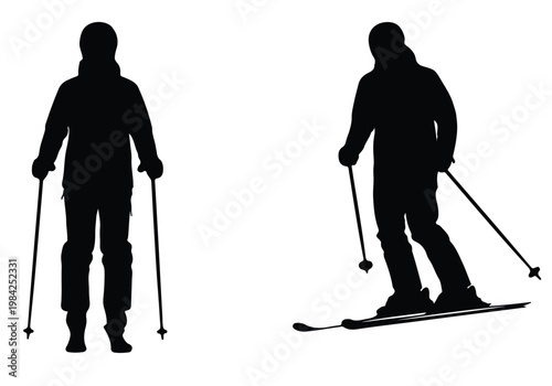 Detailed black silhouettes of a skier standing still and performing a skiing maneuver.
