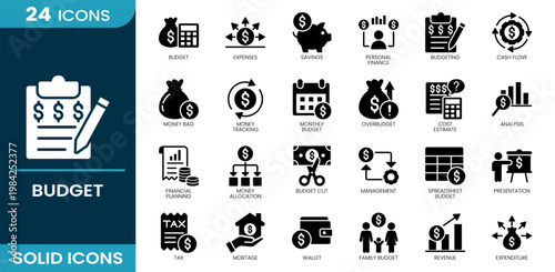 Budget icon set. Expenses, savings, finance, cash flow, tracking, monthly plan, cost estimate, analysis, allocation, management, spreadsheet, revenue. Solid vector icons.