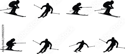 Set of black silhouettes displaying multiple skiing poses for winter sports design.