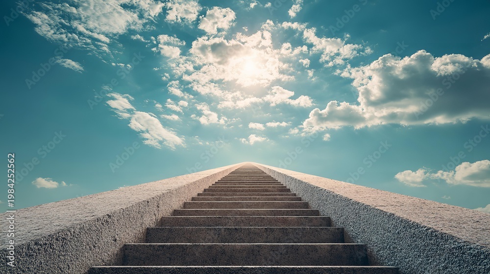 Fototapeta premium Stairs lead upward into bright sunny sky filled with clouds.