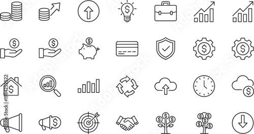 collection of minimalist vector icons representing finance, investment, security, and productivity for business and educational use