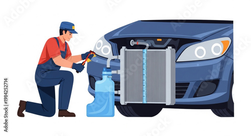 Mechanic performing car radiator maintenance and repair service.