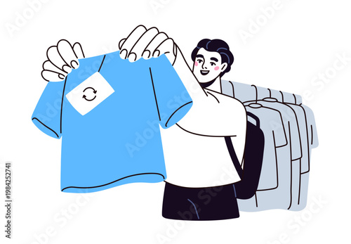 Choosing recycled clothing. Sustainable slow fashion concept. Buying reusable garment with ecological material sign. Zero-waste consumption. Flat vector illustration isolated on white background