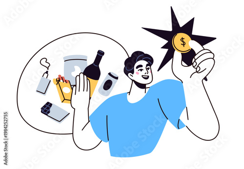 Saving money and control expenses, avoiding wastes. Reducing, cut excessive spendings on unhealthy habits. Choosing finance discipline concept. Flat vector illustration isolated on white background