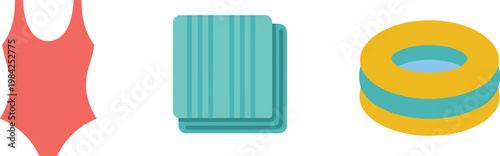 Summer beach essentials icons set, swimsuit towel inflatable ring collection, vacation accessories, minimalist flat design, holiday concept, swimming, leisure, travel gear