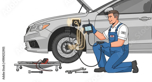 Mechanic Performing Diagnostic Test on Car Engine Under Hood.